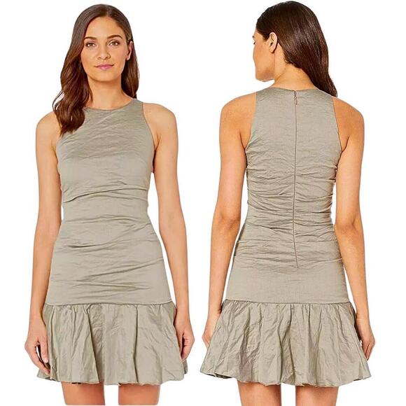 Nicole Miller Collection NWT A-Line Ruffle Hem Stretch Sheath Dress Taupe Size 8 - Picture 1 of 9